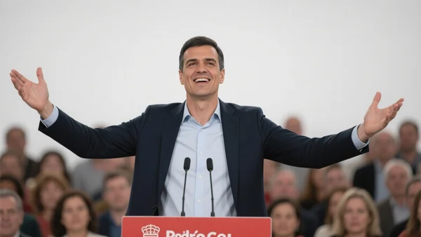 Pedro Sánchez debout à une tribune, bras écartés dans un geste d'ouverture et de conviction, s'adressant à une salle comble. La composition est en plan américain, cadré sur son buste et ses mains, avec un public flou en arrière-plan. L'intention éditoriale est de montrer un leader confiant et pragmatique, adoptant une posture résolue et optimiste face à l'immigration.