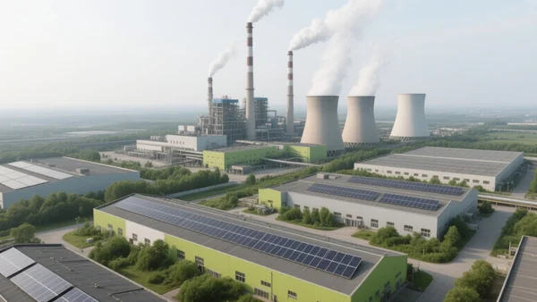 Vue aérienne d'un complexe industriel avec des cheminées d'usine et des panneaux solaires sur les toits, fumée blanche s'échappant des tours de refroidissement, contraste entre infrastructures grises et éléments verts