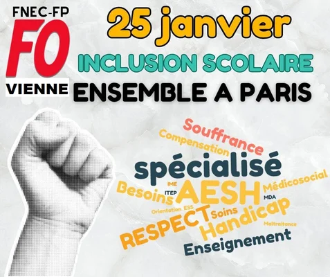 Affiche syndicale appelant à une manifestation pour l'éducation spécialisée et inclusive.