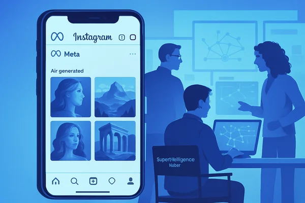 Illustration d'un smartphone Instagram et d'une équipe tech.