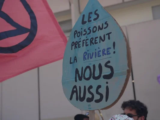 Pancarte de protestation contre le projet Pure Salmon, associée au mouvement Extinction Rebellion.