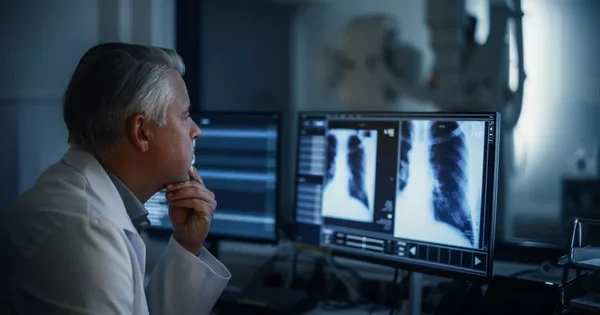 Un médecin examinant des radiographies pulmonaires sur un écran dans un service de radiologie.
