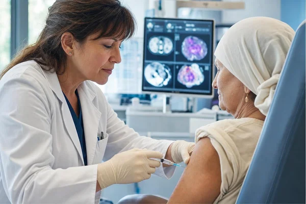 Une patiente reçoit une injection expérimentale dans le cadre d'un essai clinique contre le cancer.