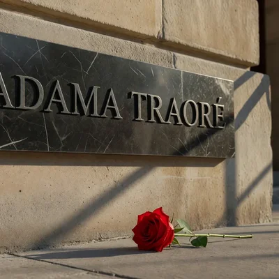 Plaque en hommage à Adama Traoré, avec une rose rouge déposée au pied du mur.