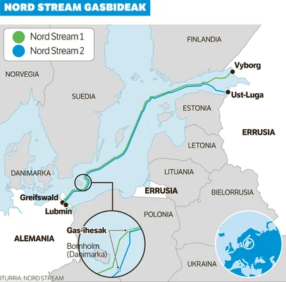 Carte des gazoducs Nord Stream 1 et 2 avec les points d'explosion près de Bornholm, le 26 septembre 2022.