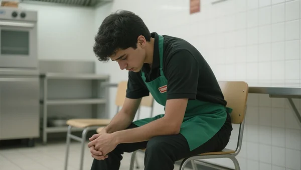 Jeune employé de fast-food en uniforme, assis seul sur une chaise dans une cuisine vide, la tête baissée, les mains sur les genoux, expression épuisée et résignée, composition serrée en plan moyen