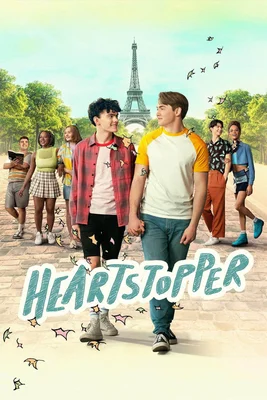 Affiche promotionnelle de Heartstopper avec les personnages principaux devant la tour Eiffel.