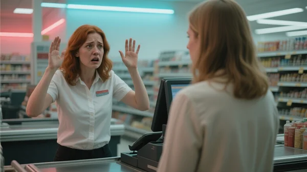Caissière derrière une caisse de supermarché, regardant avec inquiétude un client en face d'elle, les mains levées en signe de défense, ambiance tendue dans un magasin éclairé au néon