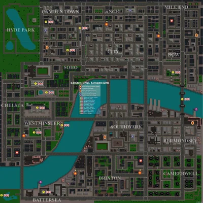Carte pixel-art de Londres pour 'Grand Theft Auto: London 1961' avec districts et points d'intérêt légendés.