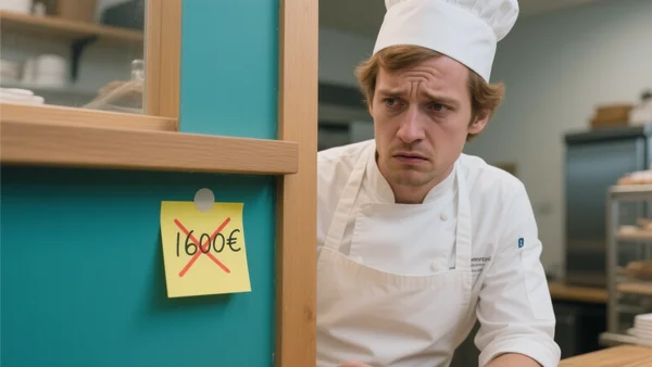 Vue d'ensemble d'un boulanger en toque et tablier, debout derrière son comptoir, regardant un post-it avec un montant de 1600€ barré, une expression préoccupée, évoquant les conséquences d'une hausse du Smic sur les petites entreprises et l'emploi
