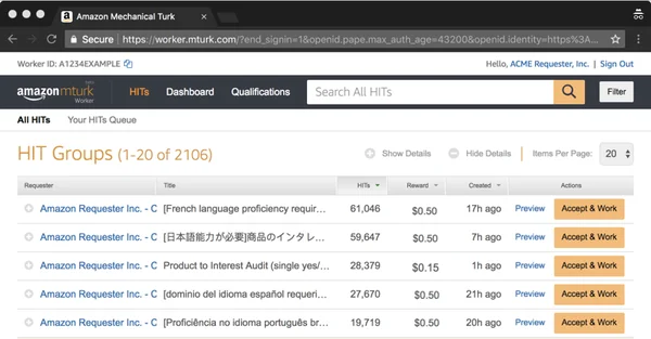 Interface du marché des tâches HIT sur Amazon Mechanical Turk.