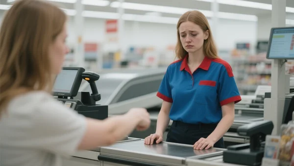 Jeune caissière en uniforme derrière une caisse de supermarché, regard fatigué, client flou au premier plan, vue en plan américain