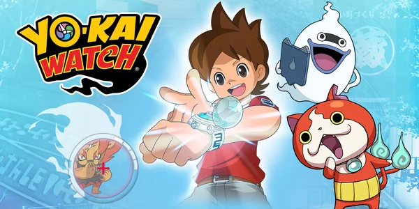 Image promotionnelle de Yo-kai Watch avec Nate, Whisper et Jibanyan.