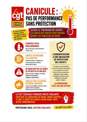 Affiche de la CGT Centrale Finances sur les consignes de sécurité en cas de canicule et les droits des salariés.