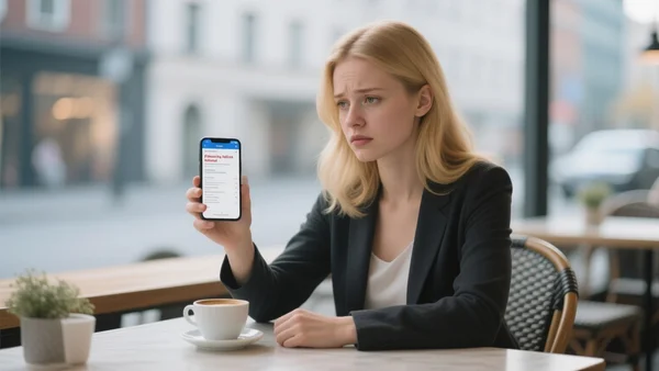 Jeune femme assise à une table de café, regard dubitatif, smartphone à la main affichant une page de refus de financement, tasse de café à côté, ambiance urbaine floue derrière