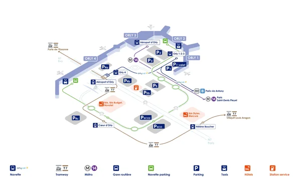Plan des terminaux et accès à l'aéroport Paris-Orly.