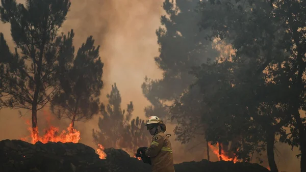 Pompier combattant un incendie de forêt au Portugal.