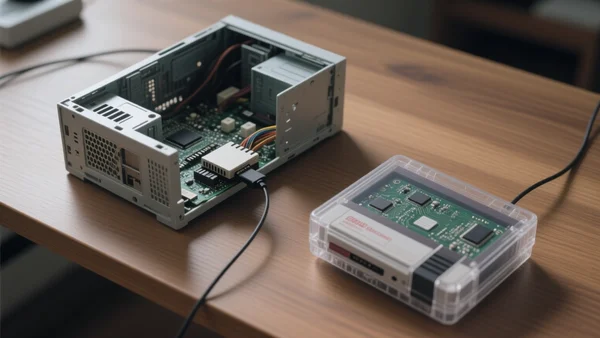 Un PC de bureau ouvert avec une carte SD insérée dans un adaptateur, à côté d'un boîtier de jeu rétro en plastique transparent, sur un bureau en bois. Plan large montrant l'ensemble de la scène. L'image doit communiquer le mélange entre technologie moderne et esthétique nostalgique du jeu vidéo.
