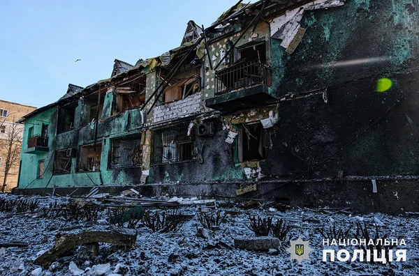 Conséquences d'une attaque de missiles à Kurakhove, dans la région de Donetsk, en janvier 2024.