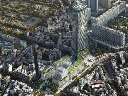 Vue aérienne de la tour Montparnasse et de son environnement urbain.
