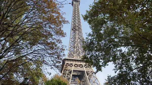 La tour Eiffel vue d'en bas, encadrée par des arbres aux couleurs automnales.
