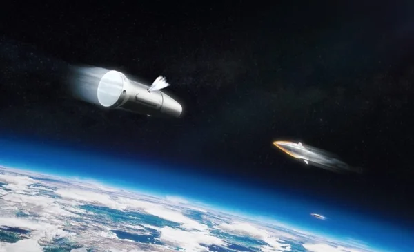 Illustration d'intercepteurs spatiaux en orbite, concept artistique pour la défense antimissile exoatmosphérique.