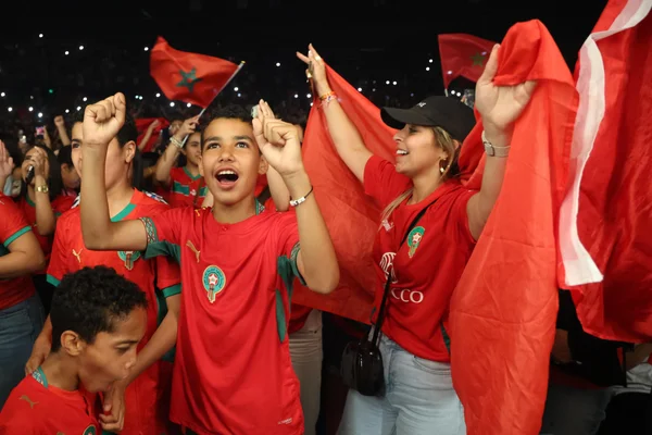 Supporters marocains enthousiastes agitant des drapeaux dans un stade avant le match France-Maroc.