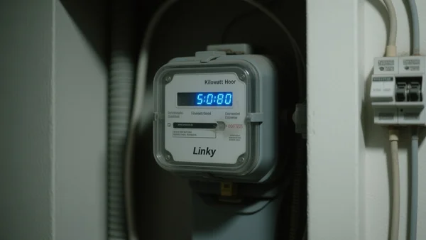 Gros plan sur l'écran d'un compteur Linky affichant une consommation en kilowattheures, dans un placard technique d'appartement, ambiance sobre et utilitaire