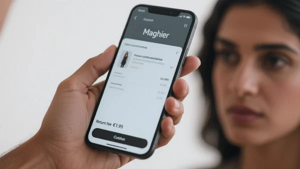 Gros plan sur une main tenant un smartphone affichant l'écran de finalisation d'une commande sur un site de mode, avec le montant des frais de retour (1,95 €) visible en bas de l'écran, composition serrée pour mettre en avant la décision d'achat et le coût caché.