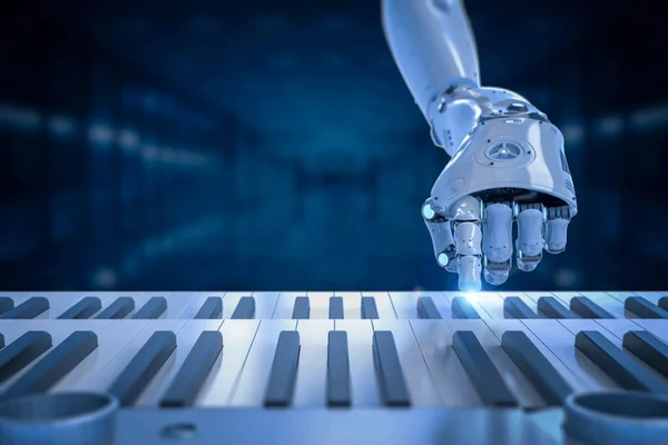 Main robotique jouant du piano, symbolisant l'IA dans la musique.