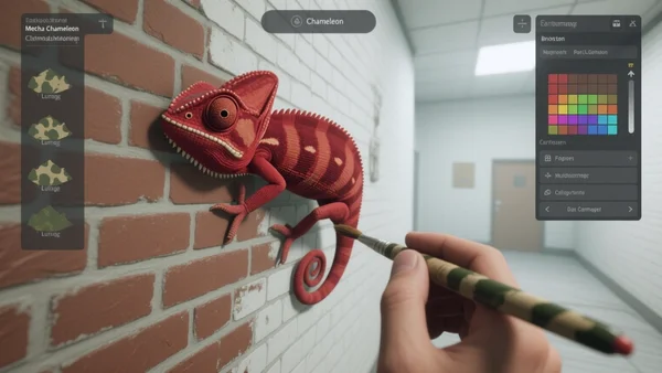 Vue à la première personne dans le jeu Meccha Chameleon : un joueur utilise un pinceau virtuel pour peindre son personnage en rouge brique sur un mur de briques dans une carte intérieure, montrant l'interface de peinture et le camouflage, ton didactique et immersif