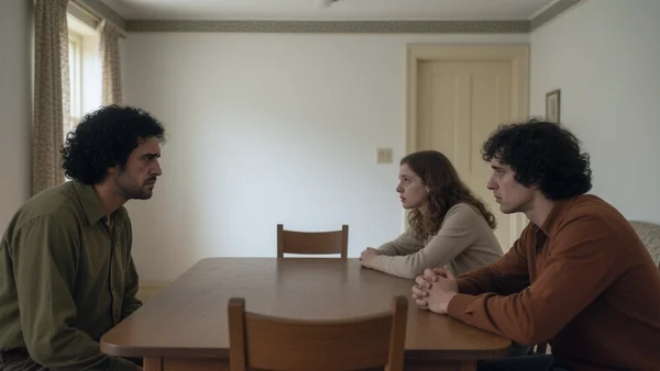 Intérieur d'une maison modeste des années 1970, une famille est réunie autour d'une table en bois, tous les regards fixés vers un mur vide. L'ambiance est tendue, les visages expriment l'attente et l'inquiétude. Composition serrée, en plan américain, pour transmettre l'angoisse et le mystère du poltergeist de La Machine.