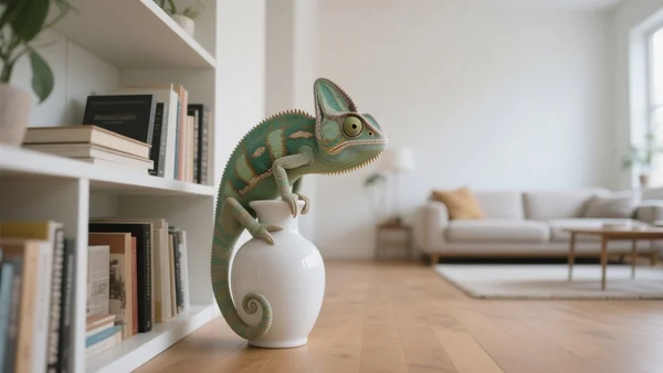 Personnage blanc et lisse de Meccha Chameleon, debout dans une pièce, se transformant en objet du décor, vue en plan large, pour illustrer le concept du jeu de cache-cache créatif, ton ludique et malicieux