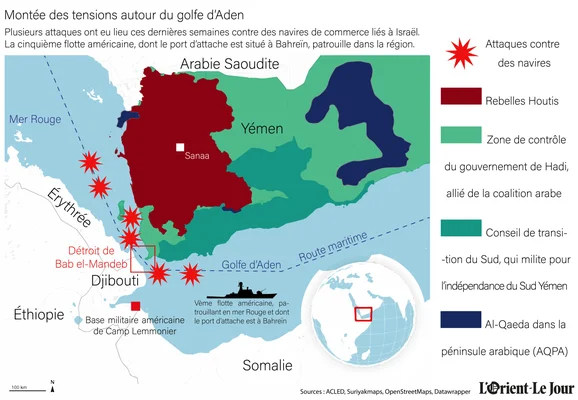 Carte infographique des attaques houthies en mer Rouge et dans le golfe d'Aden, avec zones de contrôle et routes maritimes.