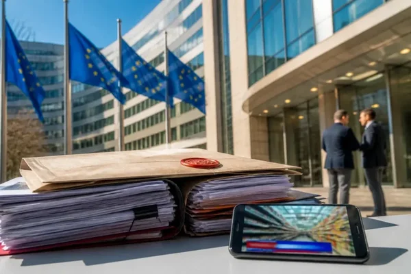 Documents et enveloppe cachetée devant le bâtiment de la Commission européenne, évoquant la saisine de Bruxelles par l'ADMTV.