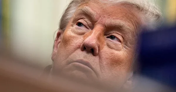 Donald Trump, regard sérieux, photographié en contre-plongée.