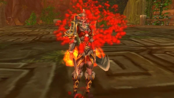 Une elfe de sang de World of Warcraft parée d'une armure rouge, entourée d'effets de particules évoquant une épidémie.