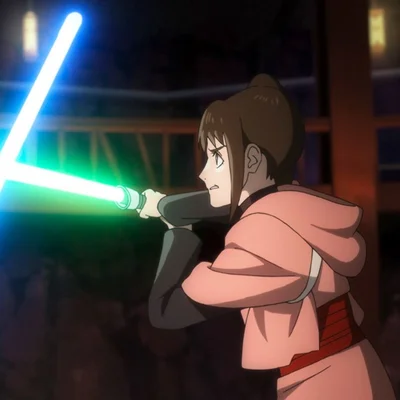 Personnage féminin brandissant un sabre laser double lame dans Star Wars: Visions – Le Neuvième Jedi