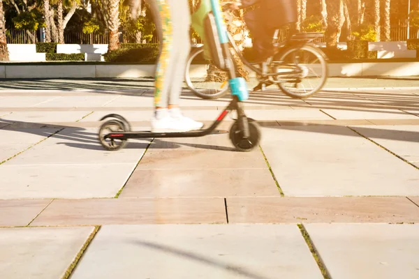 Un utilisateur de trottinette électrique en mouvement sur une allée ensoleillée, avec un cycliste visible au loin.