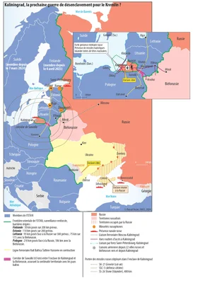 Carte géopolitique montrant la position stratégique de Kaliningrad, entourée par des membres de l'OTAN, avec le corridor de Suwalki et les portées de missiles.