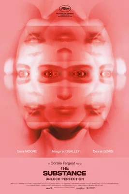 Affiche du film The Substance avec un design rose et des visages superposés, indiquant les acteurs et les récompenses.