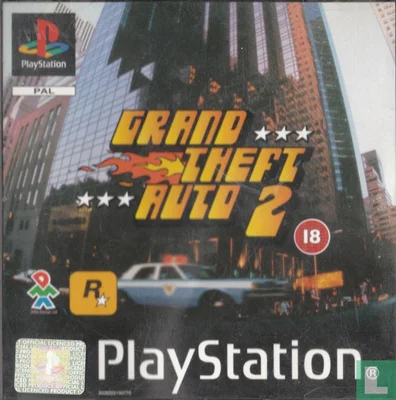 Couverture de Grand Theft Auto 2 sur PlayStation montrant un paysage urbain avec une voiture de police et le logo du jeu.