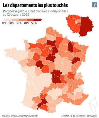 Carte de France illustrant le taux d'indisponibilité des pompes à essence par département en octobre 2022.