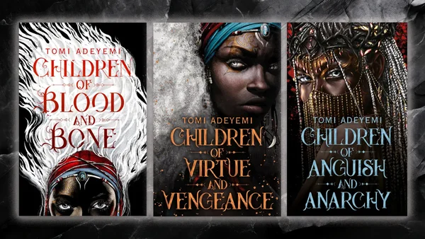 Couvertures des trois romans de la série Legacy of Orïsha de Tomi Adeyemi.