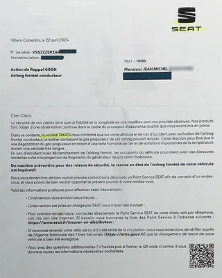 Lettre de rappel officielle de SEAT datée du 22 avril 2024 pour un problème d'airbag conducteur.