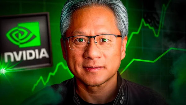 Jensen Huang, icône de la tech, devant un graphique boursier et le logo Nvidia, illustrant l'envolée de l'entreprise.