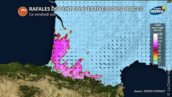 Carte des rafales de vent prévues sous les orages dans le Sud-Ouest, par La Chaîne Météo.