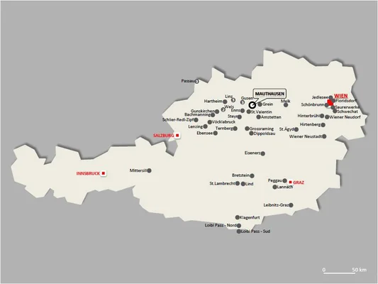 Carte des camps de concentration et sous-camps nazis en Autriche.