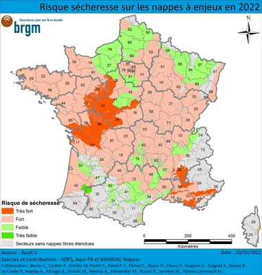 Carte du risque de sécheresse sur les nappes phréatiques en France en 2022, selon le BRGM.