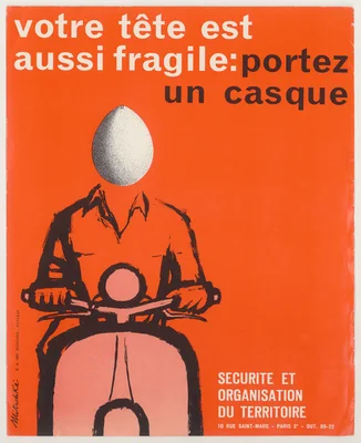 Affiche de prévention routière des Archives nationales (France) : « Votre tête est aussi fragile : portez un casque », par Philippe Mitschké.